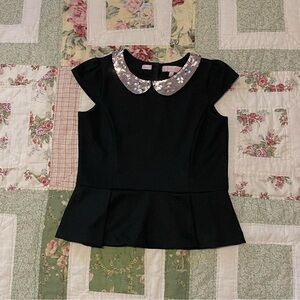 Black Peplum Top with Sequin Collar